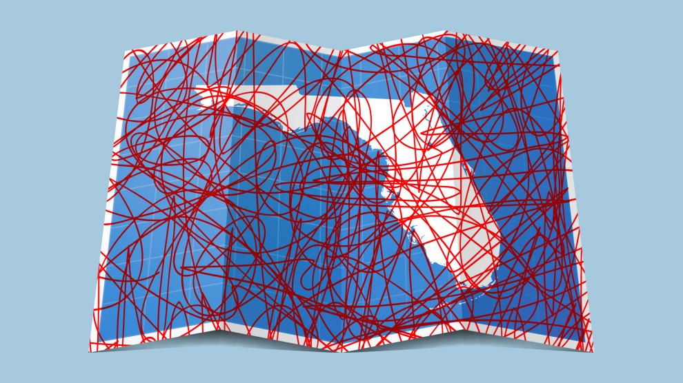 A folded map showing a white silhouette of Florida on a blue background, heavily covered in chaotic, tangled red scribbled lines.