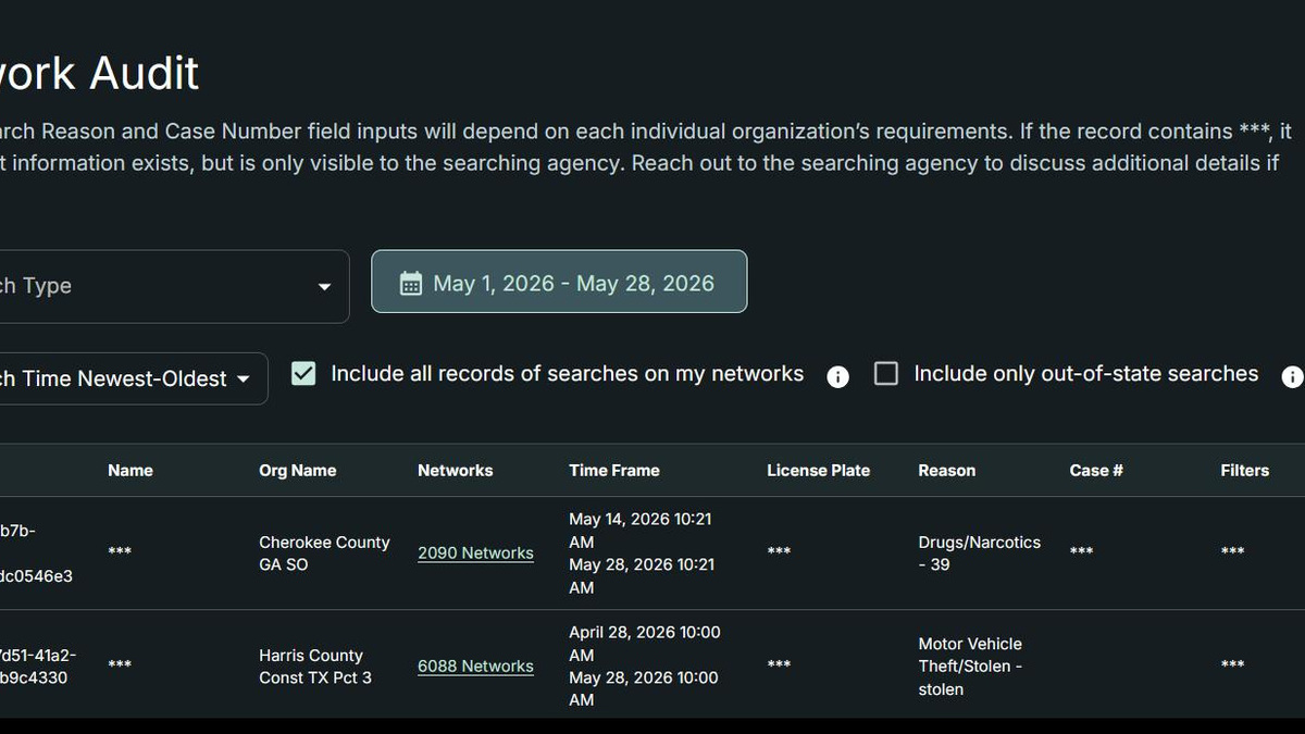 A screenshot of an internal search audit after Flock Safety redacted most information used by the public to know how the technology is being used by police. Flock network audits used to include information like officer initials, case numbers and license plates. A screenshot of an internal search audit after Flock Safety redacted most information used by the public to know how the technology is being used by police. Flock network audits used to include information like officer initials, case numbers and license plates.