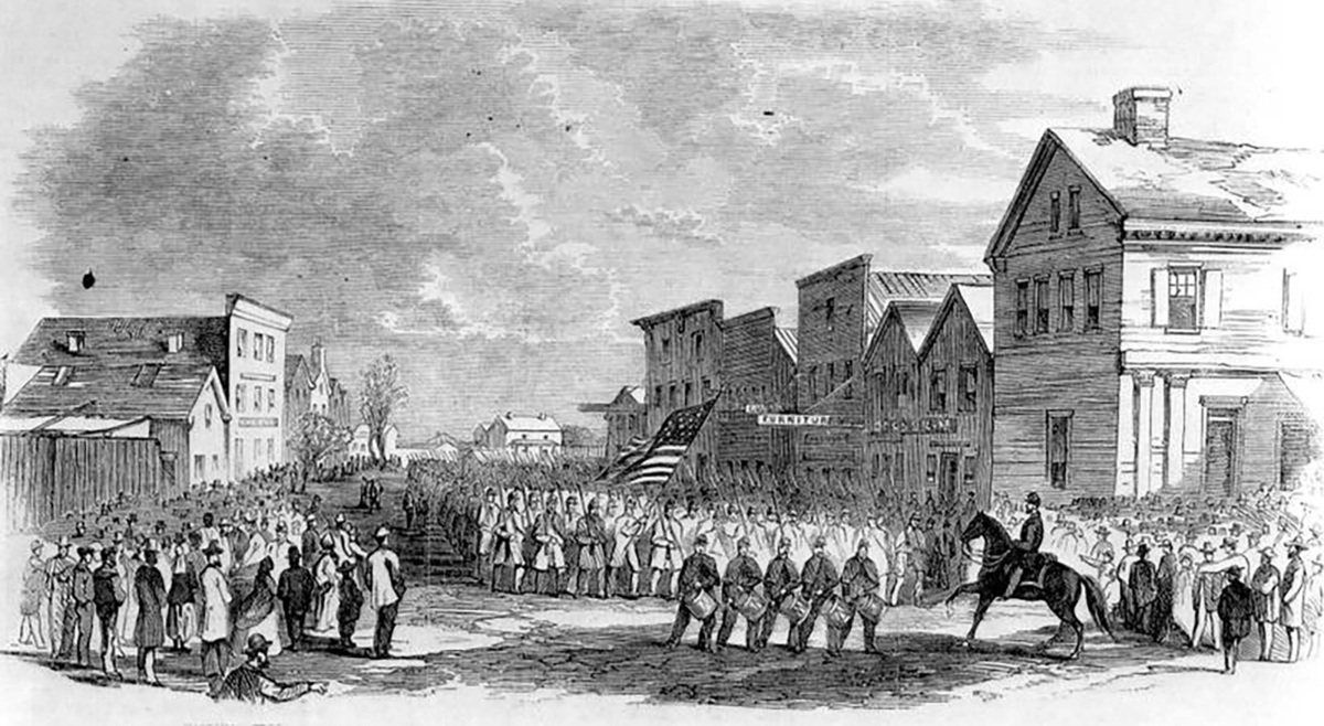 Image from Frank Leslie’s illustrated newspaper depicting national troops marching through occupied Fernandina.