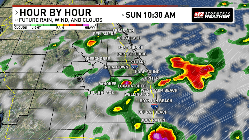 Rain will be slightly more widespread for the first half of Sunday. (WPEC)