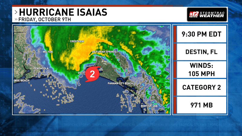 Isaias makes landfall at 9:30 p.m. Friday night near Destin, Florida. (WPEC)