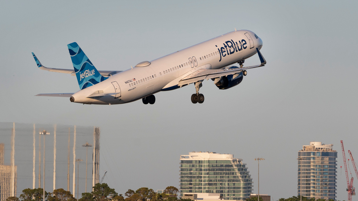 A JetBlue plane takes off at Palm Beach International Airport in West Palm Beach, Florida on February 7, 2025. A JetBlue plane takes off at Palm Beach International Airport in West Palm Beach, Florida on February 7, 2025.