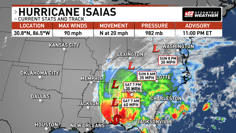Isaias has now weakened into a Category 1 hurricane as it moves inland. (WPEC)