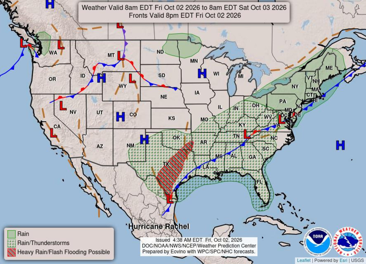 National weather forecast for Oct. 2. Coastal areas along the Panhandle are expected to receive between 6 and 8 inches of rain through Monday, according to the National Weather Service