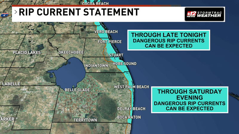 Dangerous rip currents will be present through Saturday across the Treasure Coast and Palm Beaches. (WPEC)