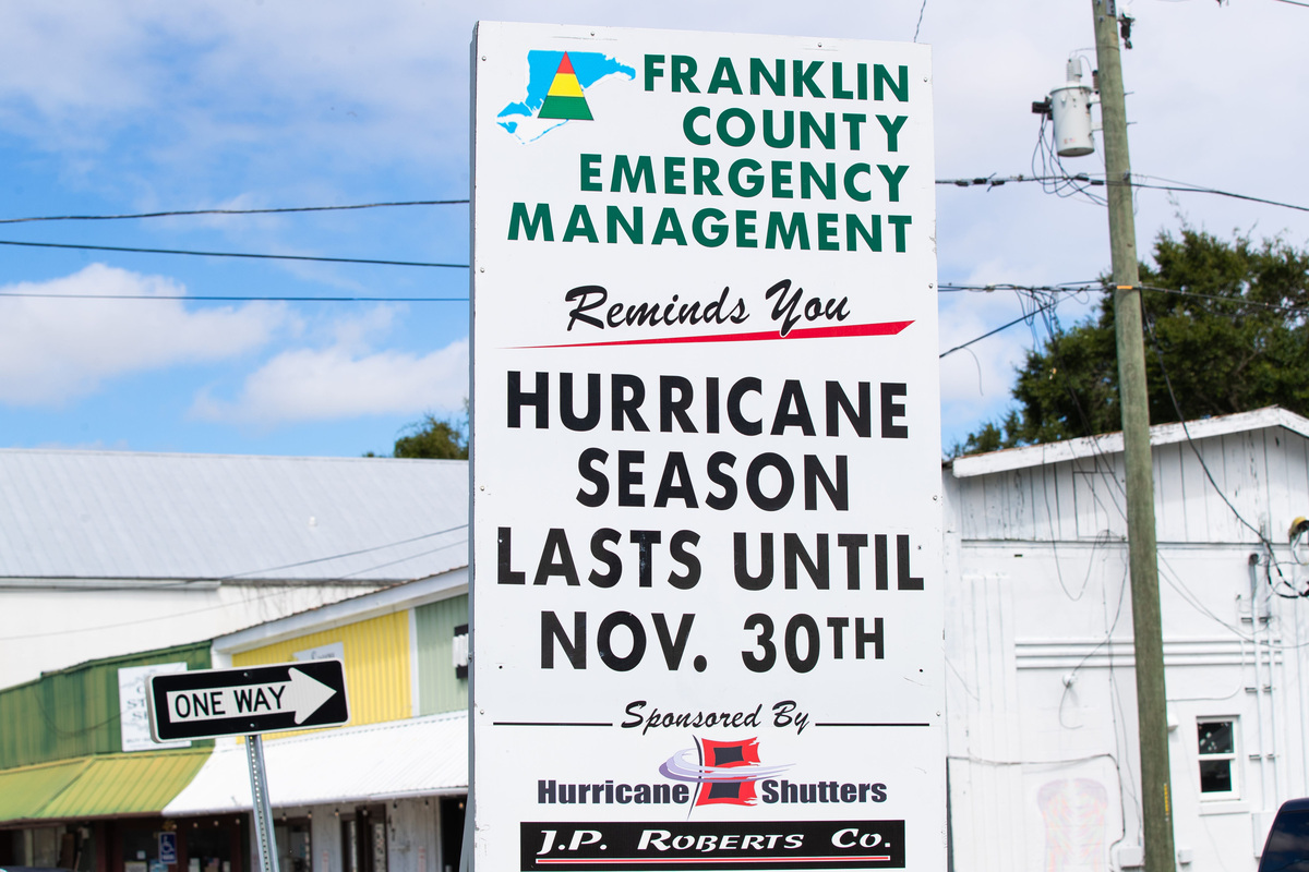 A sign posted by Franklin County Emergency Management reminding Apalachicola residents and visitors Hurricane Season lasts until November, 30, 2026.