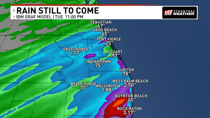 Isolated pockets of a few inches of rain will be a result of training downpours today. (WPEC)