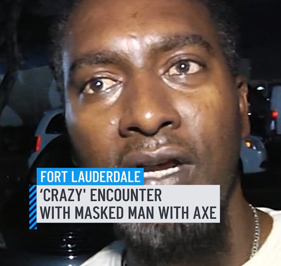 Couple recounts ‘crazy' encounter with masked man with axe near Fort Lauderdale airport. Jason Morgan said the Friday morning encounter was like something out of a horror movie. "He approached me and raised the axe and said, 'Are you ready?' And I said, 'What is this?' And he kind of smiled, raise it again and say, 'You ready?'" Morgan said. Morgan said he managed to take the axe away, while his girlfriend called 911 and the person fled on foot. "He running like he's in a movie, like a Freddy Krueger kind of person, just running off like slow motion. It was crazy," girlfriend Lilieth Crawford said. Crawford said the man was wearing a ski mask and camouflage. #FortLauderdale #Broward