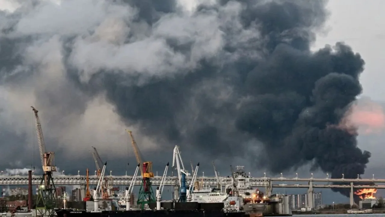 The Russian oil site on fire