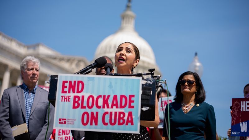 WASHINGTON, DC - JUNE 30: Rep. Delia Ramirez (D-IL), accompanied by Rep. Pramila Jayapal (D-WA) (R), speaks during a news conference calling for the end to the blockade on Cuba on Capitol Hill on June 30, 2026 in Washington, DC. U.S. President Donald Trump has strengthened and expanded the United States longstanding embargo and sanctions on Cuba. (Photo by Andrew Harnik/Getty Images)