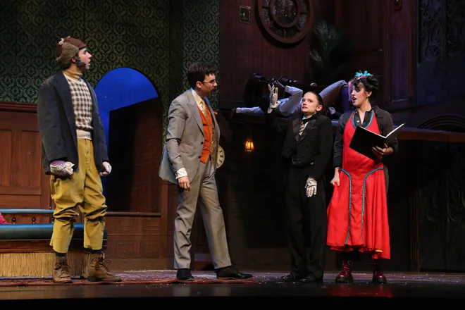 Cast members freeze in collective bewilderment as another calamity threatens to derail their performance in the FSU School of Theatre's production of "The Play That Goes Wrong," April 10-19, 2026. FSU is presenting 3 musicals and 2 plays for the 2026 season.