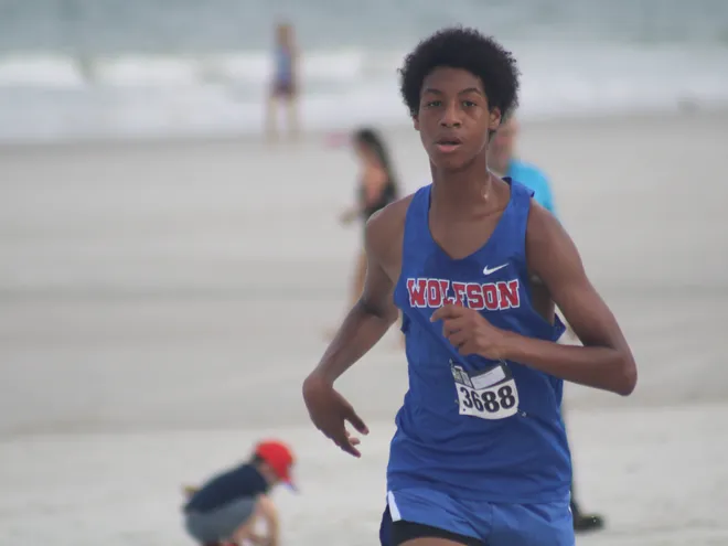 Wolfson's David Badjo Locklear (3688) runs in the boys race during the Nor'Eastern Classic high school cross country meet on Sept. 29, 2026 in Jacksonville Beach, Florida. [Clayton Freeman/Florida Times-Union]