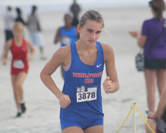 Wolfson's Cheyenne Mead (3878) runs in the girls race during the Nor'Eastern Classic high school cross country meet on Sept. 29, 2026 in Jacksonville Beach, Florida. [Clayton Freeman/Florida Times-Union]