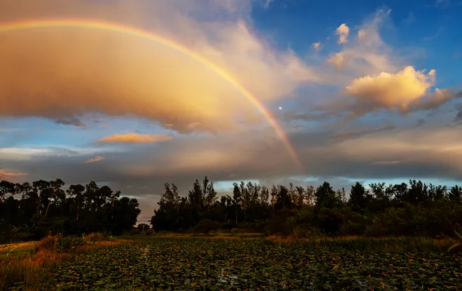A rainbow forms over Lakes Park in Fort Myers on Tuesday, Sept. 22, 2026. The moon is rising just right of the rainbow.