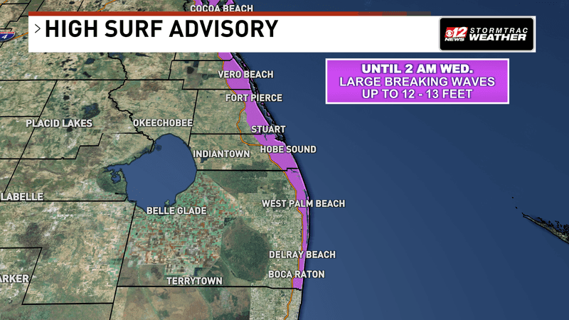 Large breaking waves of 12–13 feet are possible along parts of the coast through 2 AM Wednesday. (WPEC)