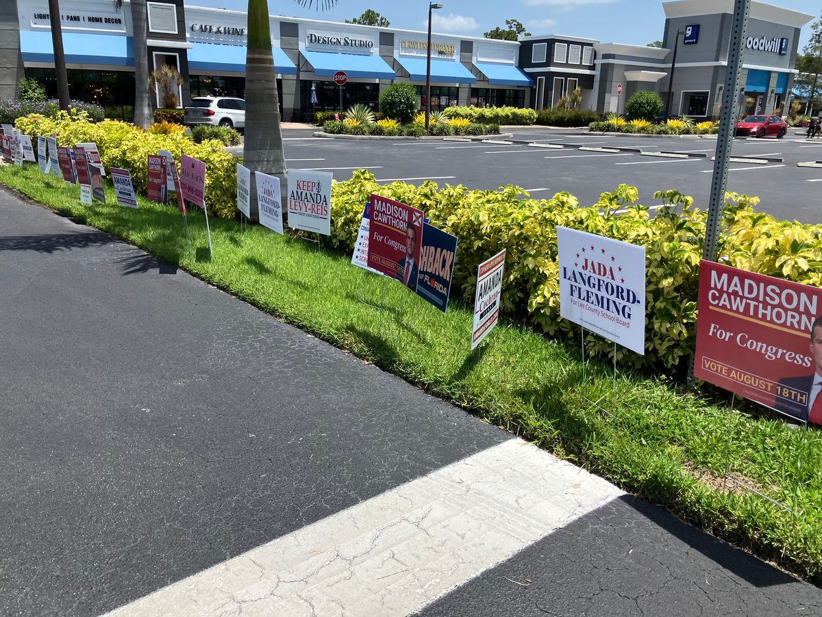 A sea of signs at the Bonita Commons center precinct ahead of the Aug. 18, 2026 primary in Southwest Florida.