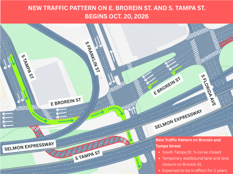 Map showing the two-year South Tampa Street closure and temporary Brorein Street detour near the Selmon Expressway in downtown Tampa.