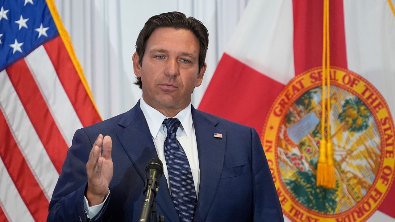 FILE - Florida Gov. Ron DeSantis speaks during a news conference, Aug. 12, 2025, in Tampa, Fla. (AP Photo/Chris O'Meara, File)