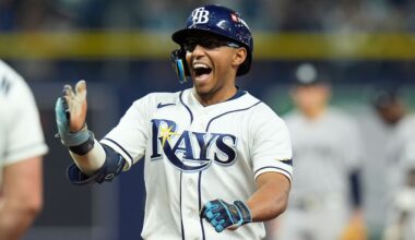 Tampa Bay Rays' Richie Palacios celebrates after hitting a two-run single during the fifth inning in Game 2 of an American League Division Series baseball game against the New York Yankees Monday, Oct. 5, 2026, in St. Petersburg, Fla. (AP Photo/Chris O'Meara)