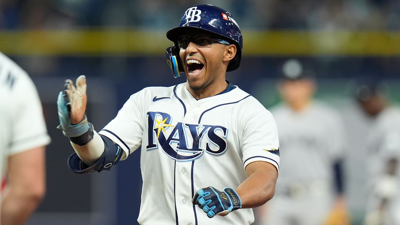 Tampa Bay Rays' Richie Palacios celebrates after hitting a two-run single during the fifth inning in Game 2 of an American League Division Series baseball game against the New York Yankees Monday, Oct. 5, 2026, in St. Petersburg, Fla. (AP Photo/Chris O'Meara)