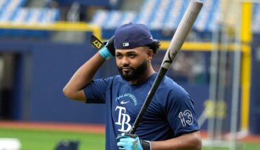 Tampa Bay Rays' Junior Caminero walks to the batting cage during a Sunday practice at Tropicana Field before the American League Championship Series against the Cleveland Guardians begins on Monday, Oct. 12. (AP Photo/Chris O'Meara)