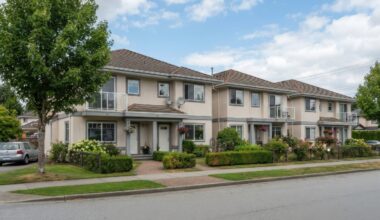Two-story townhomes with balconies, landscaped front yards and a sidewalk along a residential street.