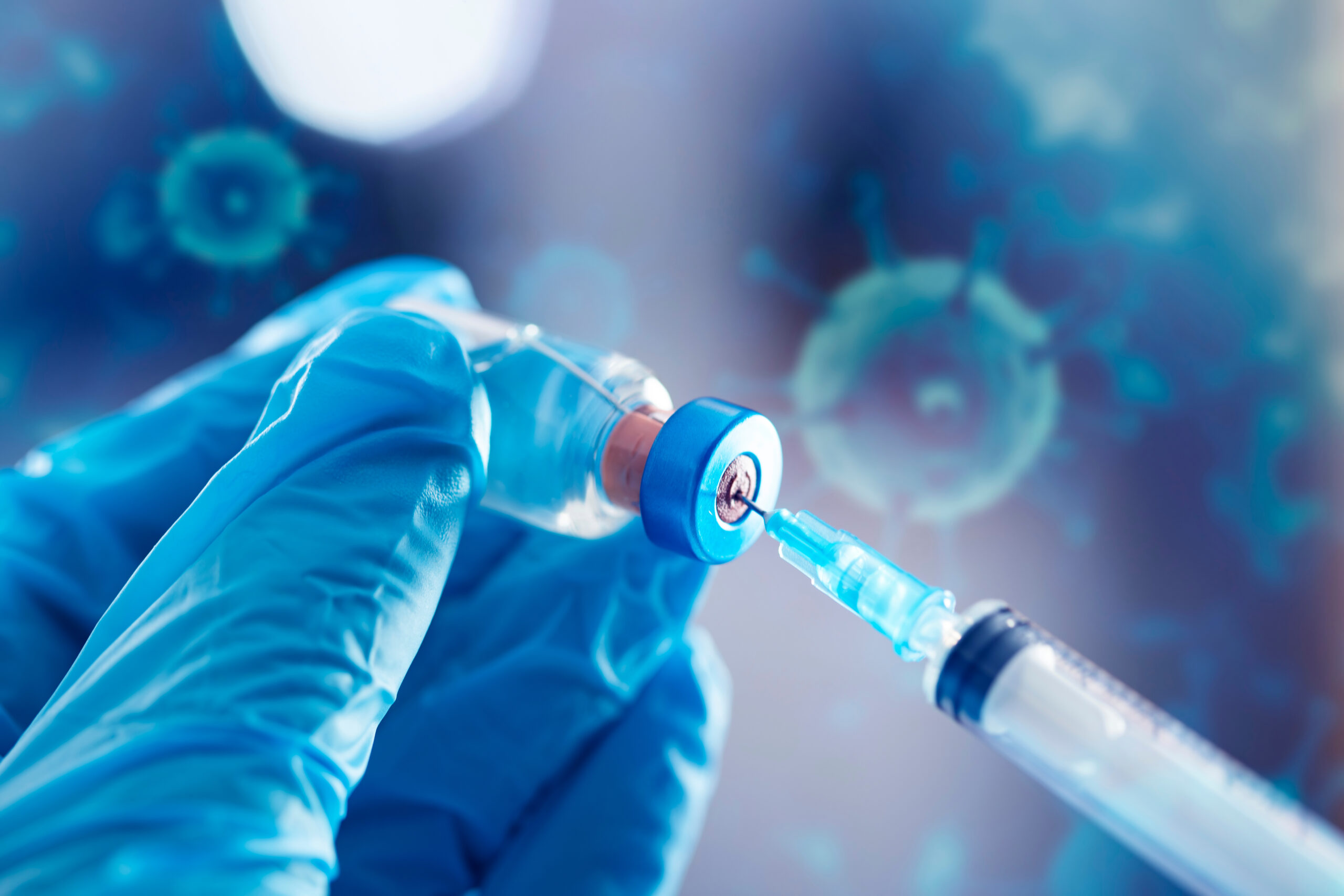 Covid-19 vaccination with vaccine bottle and syringe injection tool for coronavirus immunization treatment.