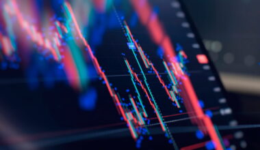 Close-up of a digital stock market trading chart with red and green candlesticks showing price movements.
