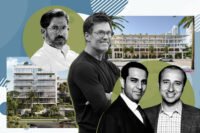 Terra's David Martin and Tom Brady with a rendering of The Well in Bay Harbor Islands and Sumaida + Khurana’s Amit Khurana and Saif Sumaida with rendering of 1100 Fifth Street