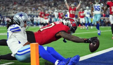 Tampa Bay Buccaneers running back Bucky Irving (7) dives past Dallas Cowboys defensive back Reddy Steward (27) for a touchdown in the first half of an NFL football game in Arlington, Texas on Thursday, Oct. 8, 2026. (AP Photo/Julio Cortez)