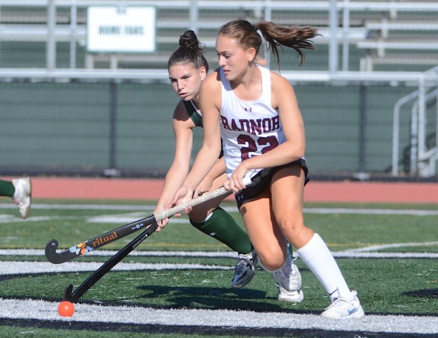Radnor's Lexi Barletta moves the ball in the first half Tuesday. Barletta had a goal to help the Raptors to a 5-2 win. (PETE BANNAN/MediaNews Group)