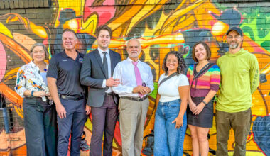 Five Points Association President Cheryl Croft, Jax River City Pride President Travis Guthrie, Equality Florida Northeast Development Leader Mason Manion and AIDS Memorial Project of Northeast Florida Founder and Executive Director Richard Ceriello with JASMYN Board Chair Issis Alvarez, RAP Executive Director Shannon Blankinship and Artist Shaun Thurston