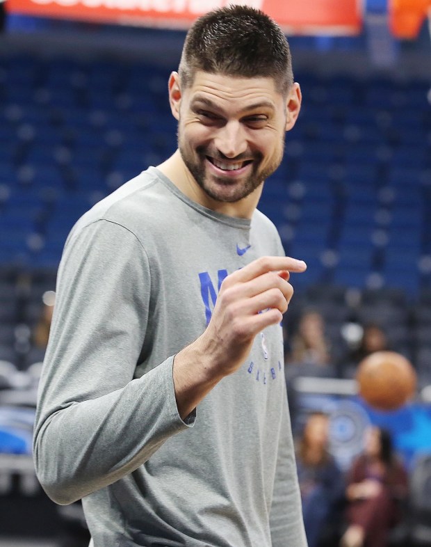 Orlando center Nikola Vucevic smiles at fans in warmups before the Indiana Pacers at Orlando Magic NBA game at the Amway Center on Thursday, January 31, 2019. (Stephen M. Dowell/Orlando Sentinel)