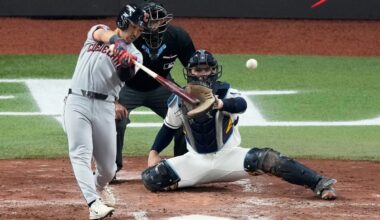 Cleveland Guardians' Steven Kwan singles against the Tampa Bay Rays during the third inning in Game 1 of an American League Championship Series baseball game in St. Petersburg, Fla. Monday, Oct. 12, 2026. (AP Photo/Chris O'Meara)