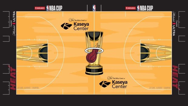 The Miami Heat's court design for NBA Cup games at Kaseya Center this season. (NBA)