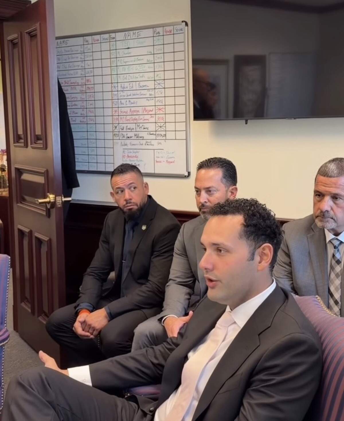 Hialeah Mayor Bryan Calvo during a meeting with state representatives in Tallahassee, joined from right to left by Rudi Ginestra, his sergeant-at-arms; Hialeah Police Chief George Fuente; and Hialeah City Council President Carl Zogby, a former Hialeah police officer