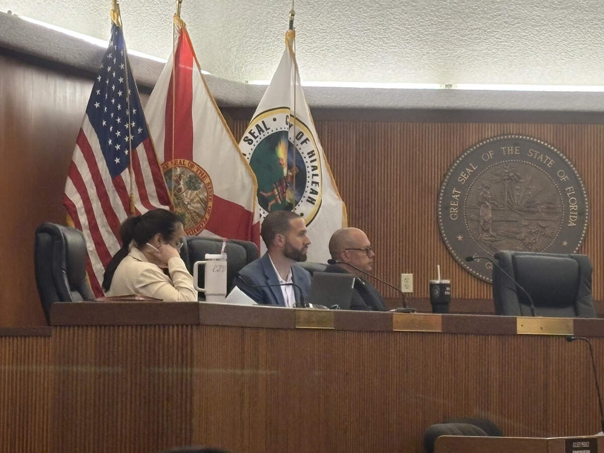 Hialeah city bargaining team members, from left: Human Resources Director Elsa Jaramillo-Vélez, Chief Financial Officer Pedro Faria and Jose Torres, chief of staff to Mayor Bryan Calvo.
