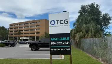 Duval Schools headquarters with a "for sale" sign in front