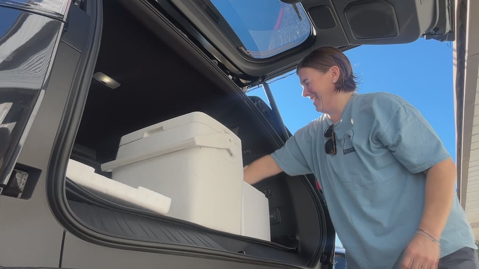 Meals on Wheels volunteer Kim Hinckley loads up hot and cold meals for seniors on her route.