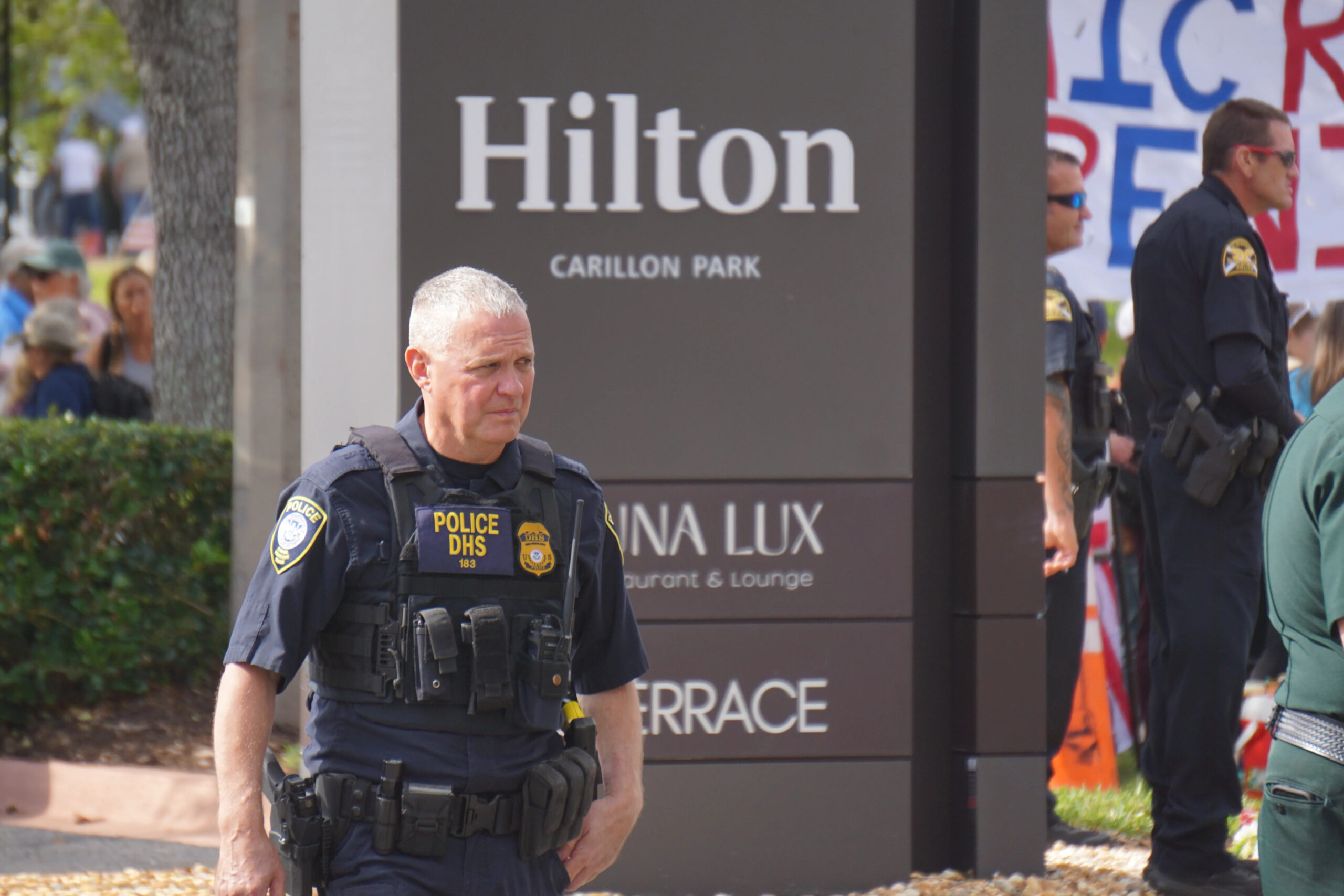 A DHS police officer outside of the Hilton in Pinellas County