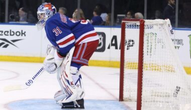 New York Rangers goaltender Igor Shesterkin stands in the goal during the first period of an NHL hockey game against the Tampa Bay Lightning, Thursday, Oct. 1, 2026, in New York. (AP Photo/Pamela Smith)