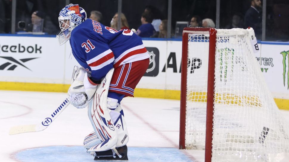 New York Rangers goaltender Igor Shesterkin stands in the goal during the first period of an NHL hockey game against the Tampa Bay Lightning, Thursday, Oct. 1, 2026, in New York. (AP Photo/Pamela Smith)