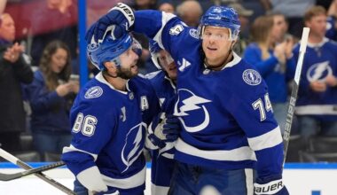 Tampa Bay Lightning defenseman John Carlson (74) celebrates his goal against the Minnesota Wild with right wing Nikita Kucherov (86) during the second period of an NHL hockey game Thursday, Oct. 8, 2026, in Tampa, Fla. (AP Photo/Chris O'Meara)