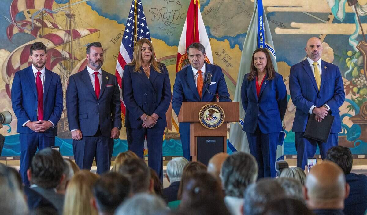 Acting Attorney General Todd Blanche, flanked by from left- Florida Attorney General James Uthmeier, U.S. Attorney Jason A. Reding Quiñones, MDC President, Madeline Pumariega, U.S. Senator Ashley Moody and FBI Deputy Director Christopher G. Raia, announces a federal indictment against Raúl Castro for the shoot-down of two Brothers to the Rescue planes in 1996, during an event to honor the victims of that tragic event, celebrated at the iconic Freedom Tower, in Miami, on Wednesday, May 20, 2026.