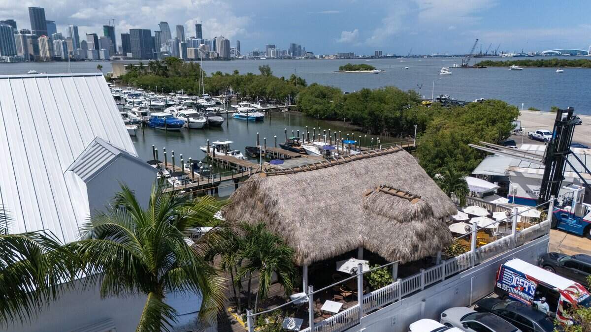 The view of the Rickenbacker Marina and the Miami skyline and Gramps Getaway, a waterfront bar & restaurant at the marina. The City of Miami is proposing to allow a 195-acre mooring field in the basin on Virginia Key. Meanwhile, Miami voters just approved an operator for Miami Marine Stadium, and a November ballot referendum will ask voters to green-light a new operator for the Rickenbacker Marina, also on Virginia Key in Miami, Florida, on Wednesday, August 26, 2026.