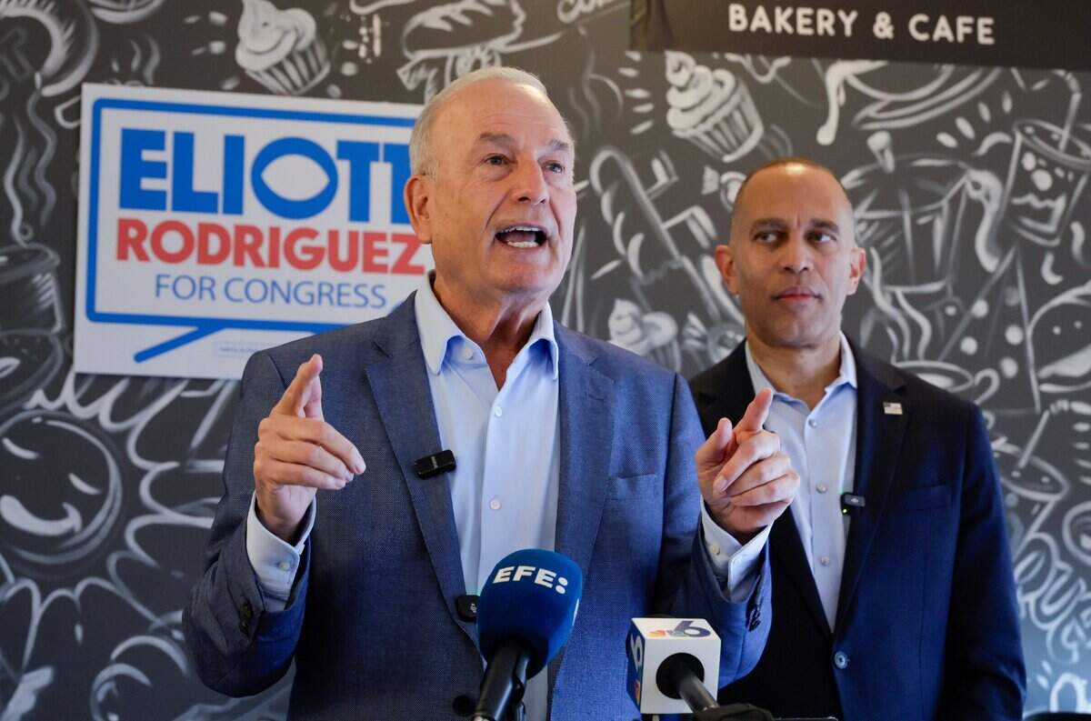 Democratic congressional nominee Eliott Rodriguez speaks during a press conference at CAO Bakery & Cafe as U.S. House Democratic Leader Hakeem Jeffries campaigns alongside him in Pinecrest Florida, on Friday, October 16, 2026.