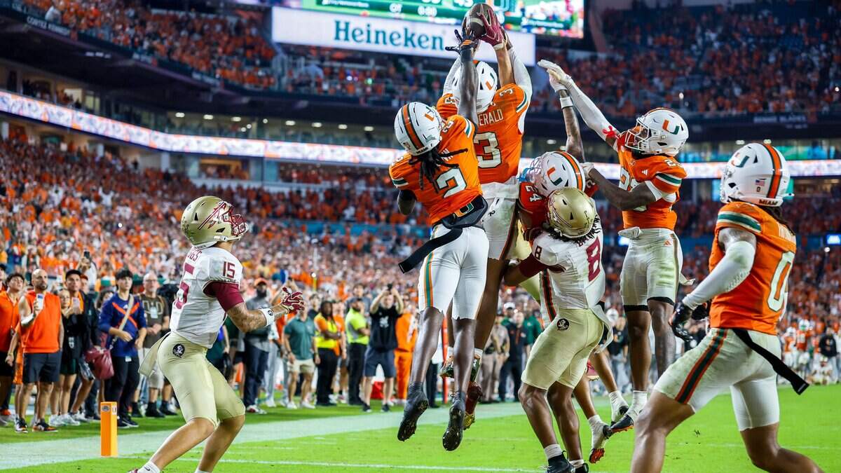 Miami Hurricanes defensive back Bryce Fitzgerald (3) intercepts the pass for a touchback during the second overtime against the Florida State Seminoles at Hard Rock Stdium in Miami Gardens, Florida, on Saturday, October 17, 2026.