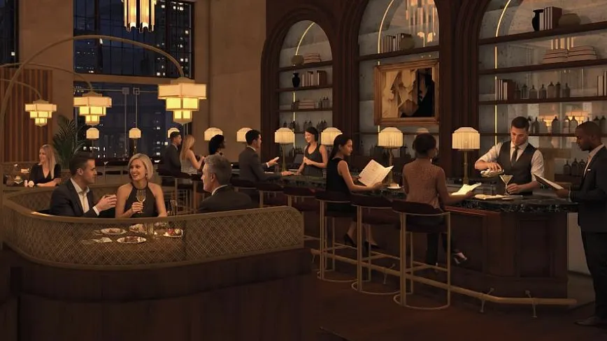 A rendering of the inside of Oak Steakhouse.