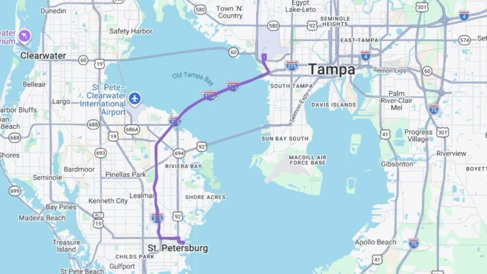 Map of PSTA's 727 Airport Express bus route from downtown St. Petersburg to Tampa International Airport