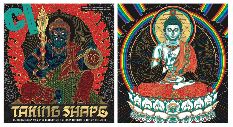 A side-by-side graphic layout displaying The Oct. 1, 2026 cover and second page of Creative Loafing Tampa Bay showing Chris Parks, aka Palehorse, illustrations of the fierce Japanese Buddha Fudō Myōō (L) and the peaceful Cosmic Buddha. On the left, the magazine cover features "CL" branding and headline text "TAKING SHAPE" beneath a fierce, blue-skinned deity holding a flaming sword surrounded by red flame halos. On the right, the inner page shows a serene, green-skinned Buddha seated in meditation atop a lotus flower, framed by concentric rainbow rings and intricate golden geometry.